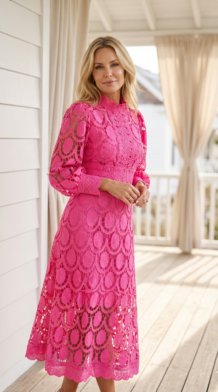 Valerie | Pink Lace Midi Dress