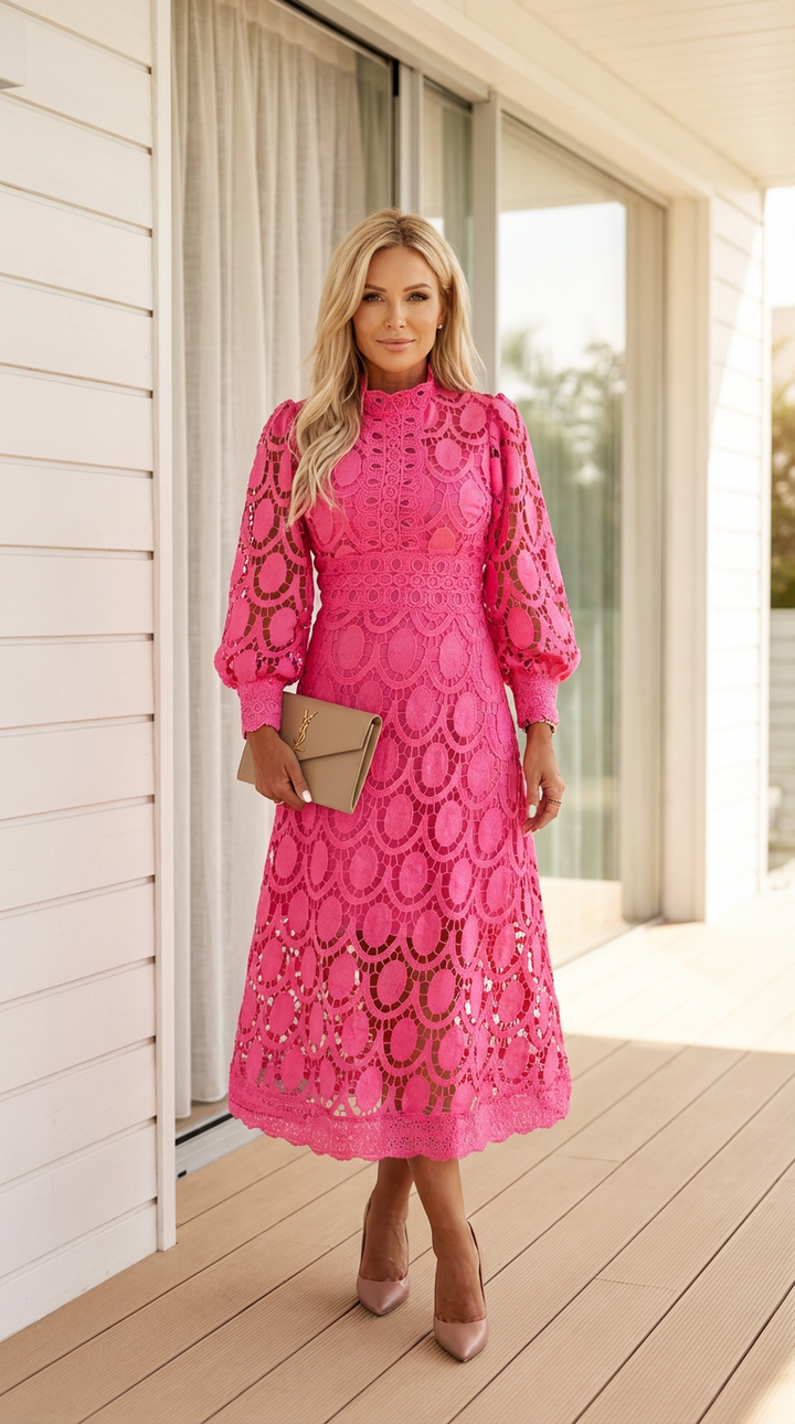 Valerie | Pink Lace Midi Dress