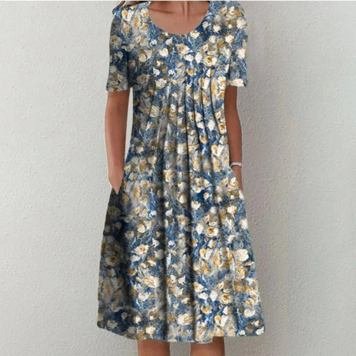Stella | Elegant Floral A - Line Midi Dress - Emma's Dresses