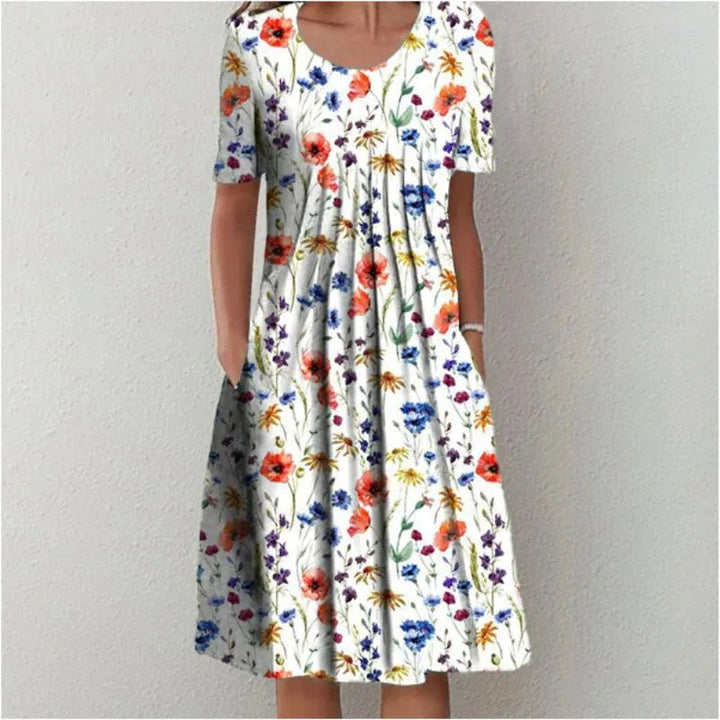 Stella | Elegant Floral A - Line Midi Dress - Emma's Dresses