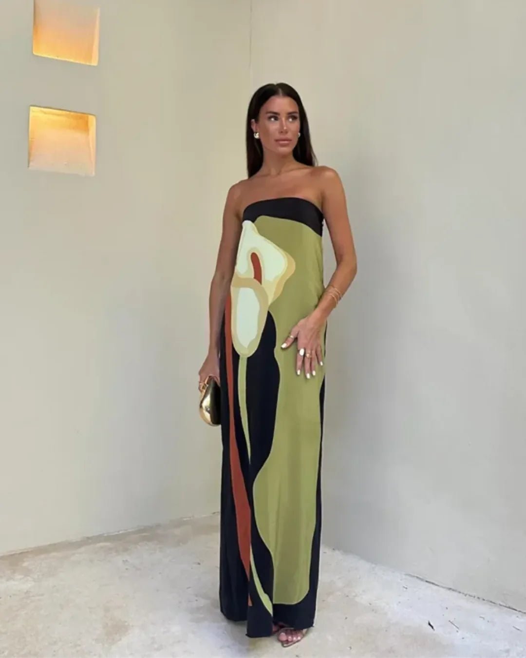 Nora | Abstract Print Strapless Maxi Dress - Emma's Dresses