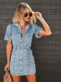 Violet | Chic Belted Denim Mini Dress With V-Neck