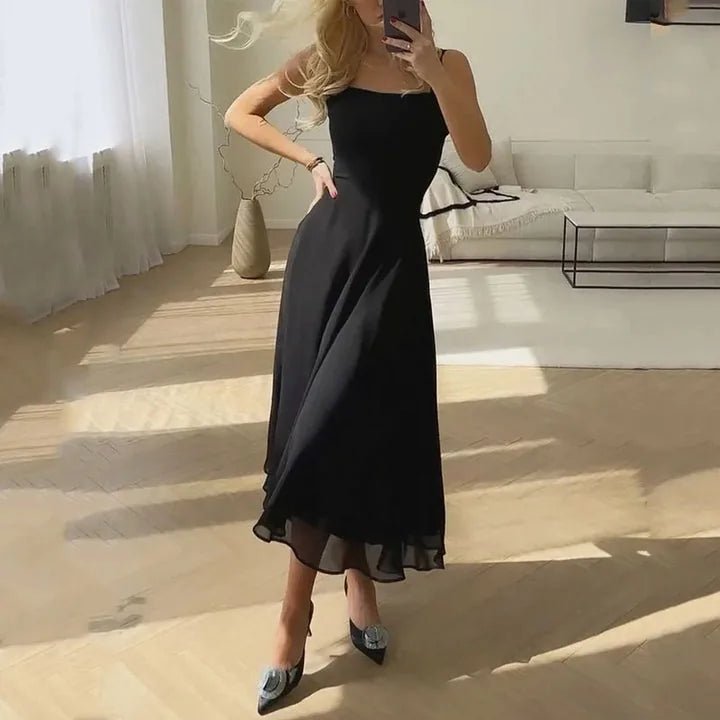 Freya | Elegant Black Square Neck Wedding Dress A-Line Midi – view 1