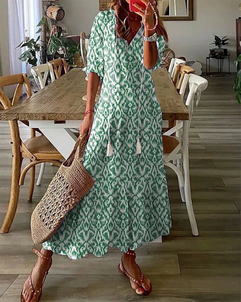 Margaret | Bohemian V - Neck Ikat Print Sun Dress With Short Sleeves - Emma's Dresses