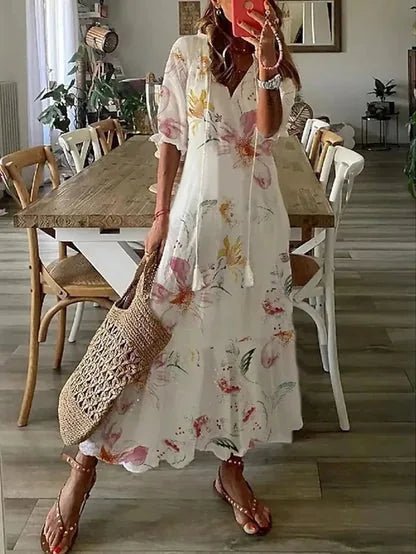 Margaret | Bohemian V - Neck Ikat Print Sun Dress With Short Sleeves - Emma's Dresses
