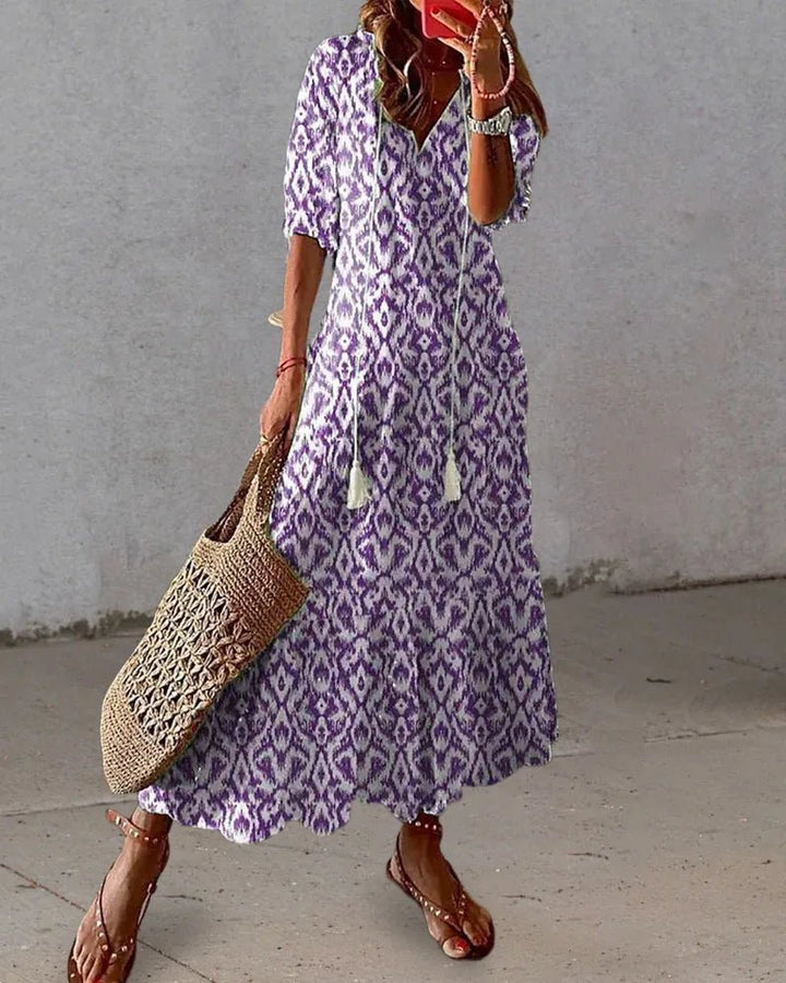 Margaret | Bohemian V - Neck Ikat Print Sun Dress With Short Sleeves - Emma's Dresses