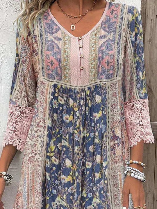 Naomi | Boho V - Neck Floral Dress With Lace Details - Emma's Dresses