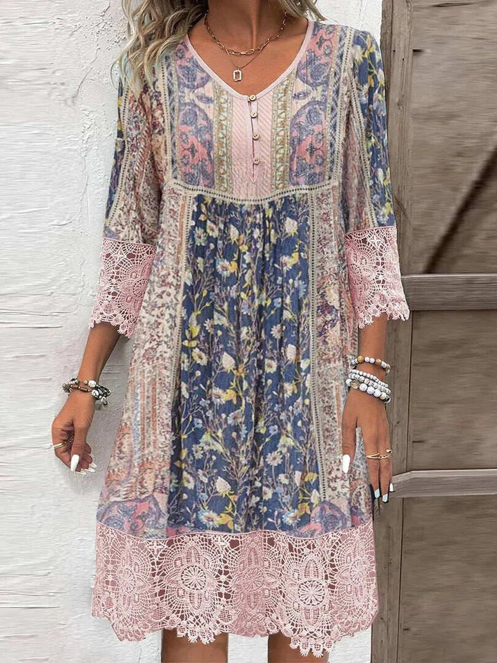 Naomi | Boho V - Neck Floral Dress With Lace Details - Emma's Dresses