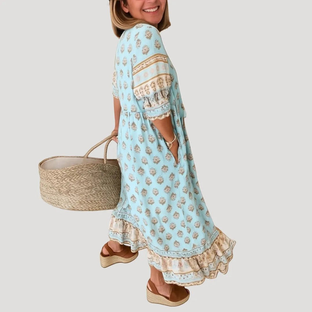 Mia | Boho V - Neck Tiered Midi Dress With Tassel Details - Emma's Dresses