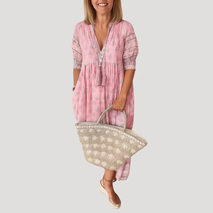 Mia | Boho V - Neck Tiered Midi Dress With Tassel Details - Emma's Dresses