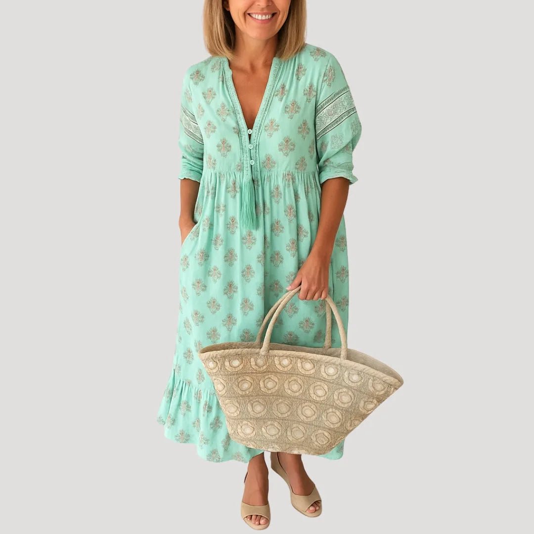 Mia | Boho V - Neck Tiered Midi Dress With Tassel Details - Emma's Dresses