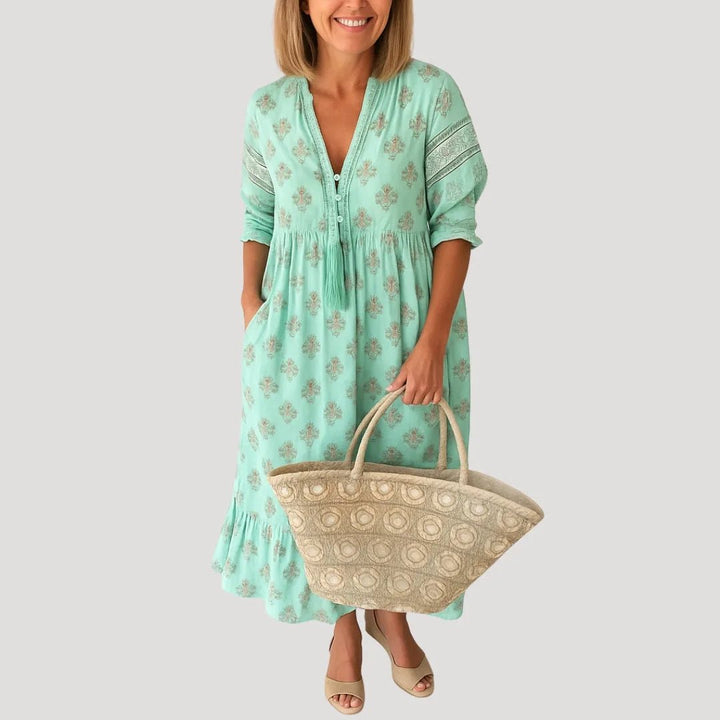 Mia | Boho V - Neck Tiered Midi Dress With Tassel Details - Emma's Dresses