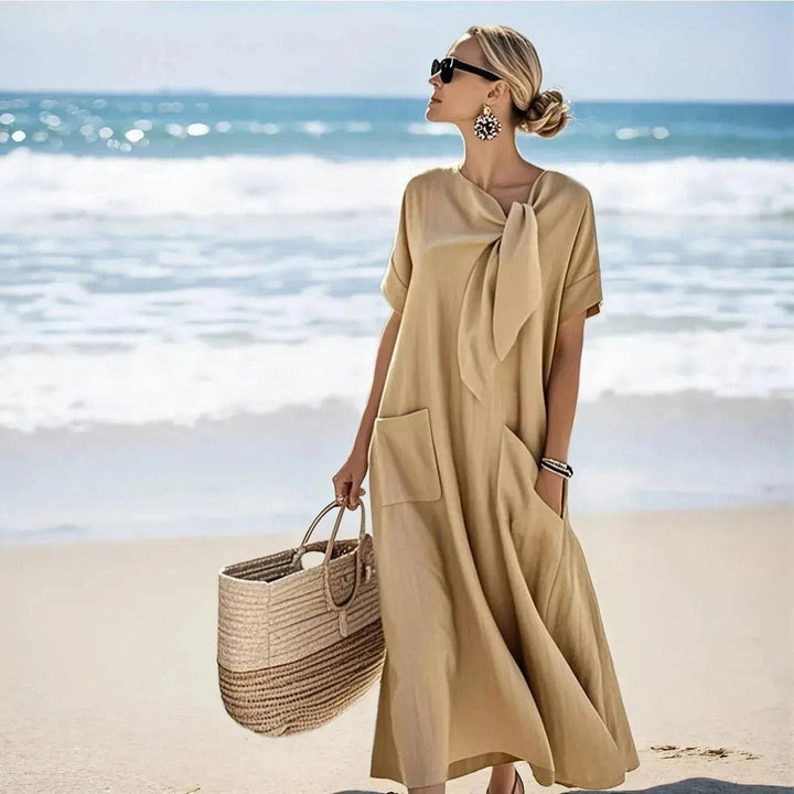 Daphne | Elegant Bow Accent White Short Sleeve Maxi Dress - Emma's Dresses