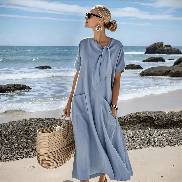 Daphne | Elegant Bow Accent White Short Sleeve Maxi Dress - Emma's Dresses