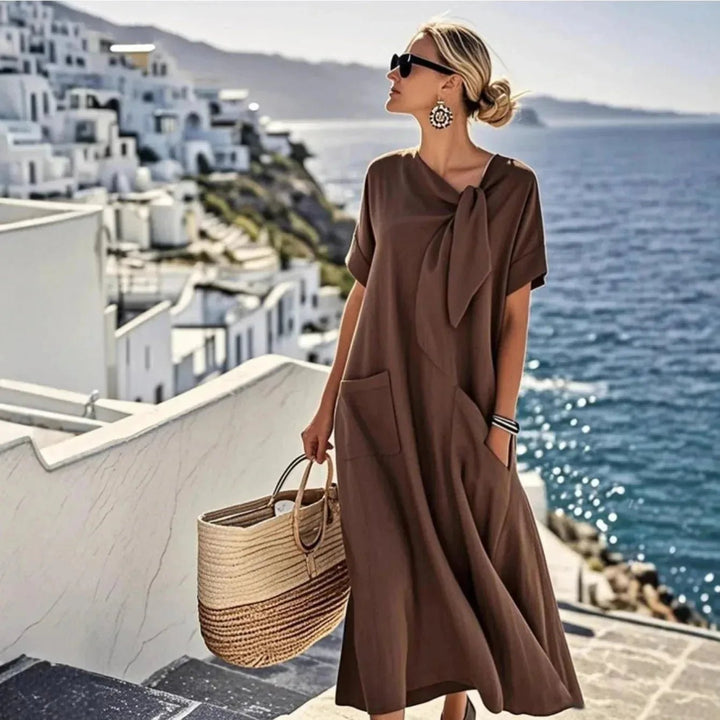 Daphne | Elegant Bow Accent White Short Sleeve Maxi Dress - Emma's Dresses