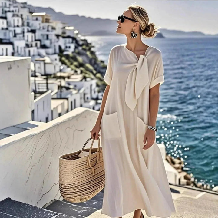 Daphne | Elegant Bow Accent White Short Sleeve Maxi Dress - Emma's Dresses
