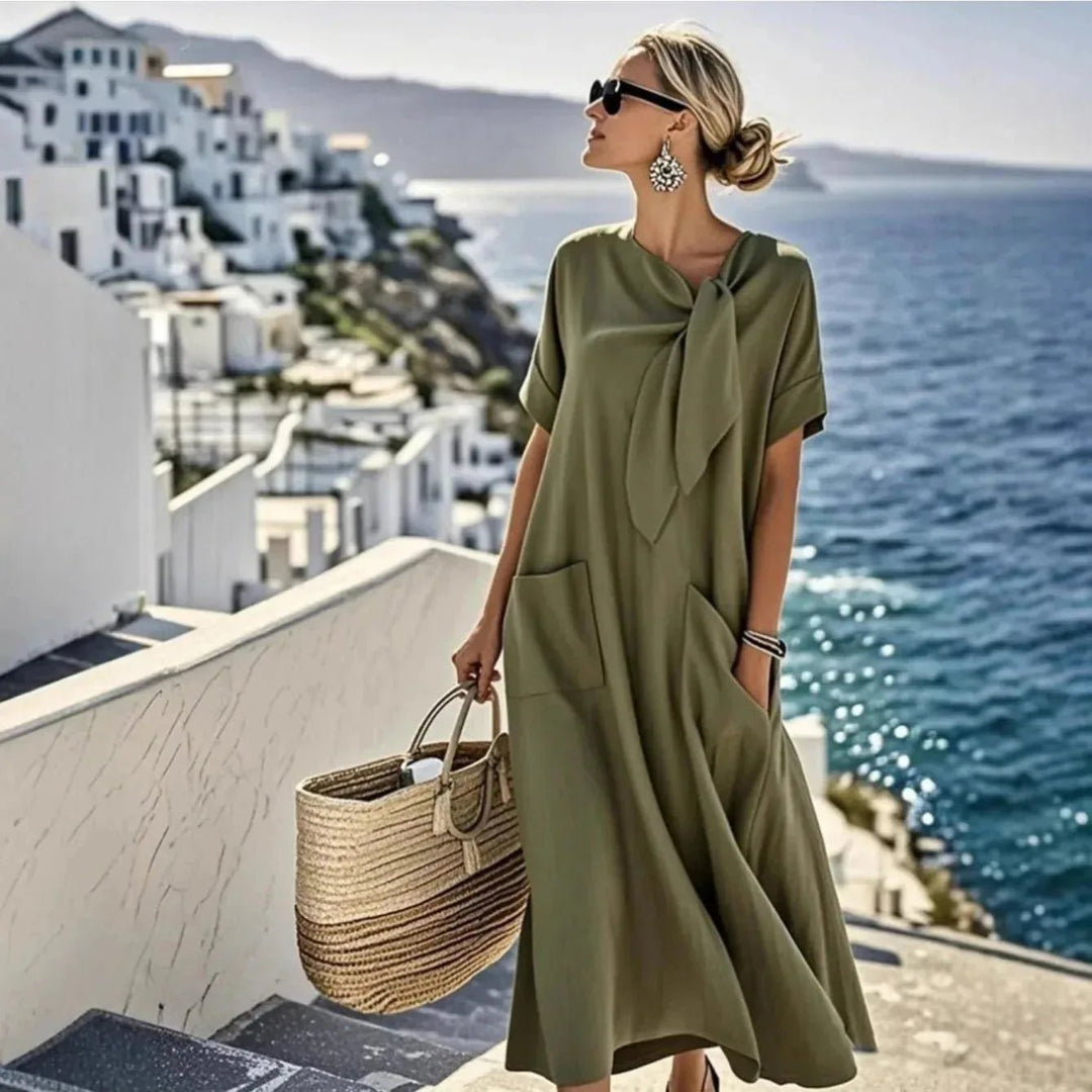 Daphne | Elegant Bow Accent White Short Sleeve Maxi Dress - Emma's Dresses