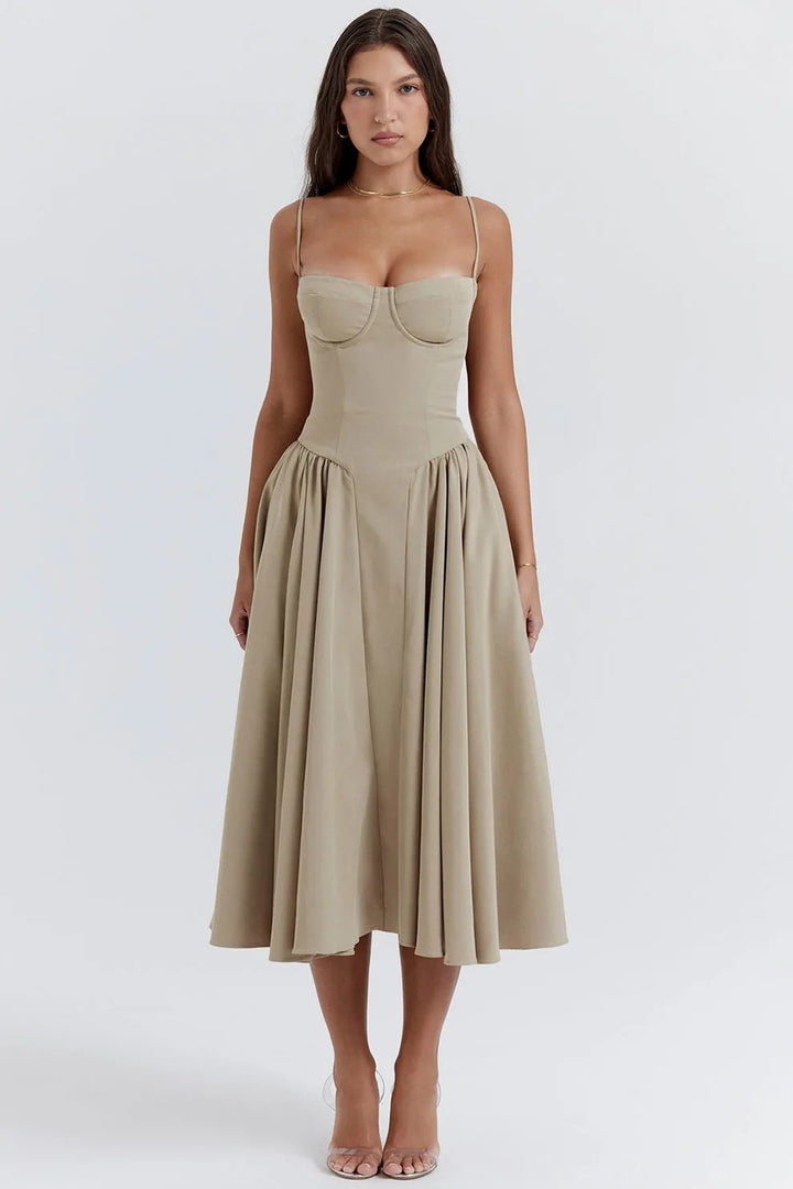 Margaret | Elegant Navy Bustier Midi Dress - Emma's Dresses