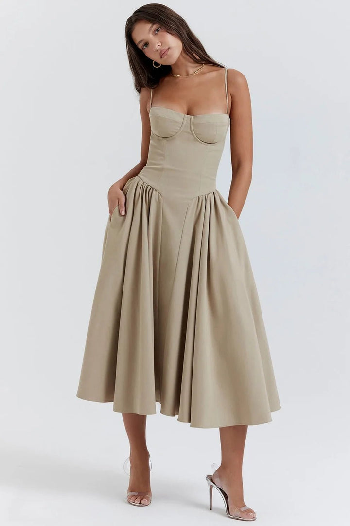 Margaret | Elegant Navy Bustier Midi Dress - Emma's Dresses