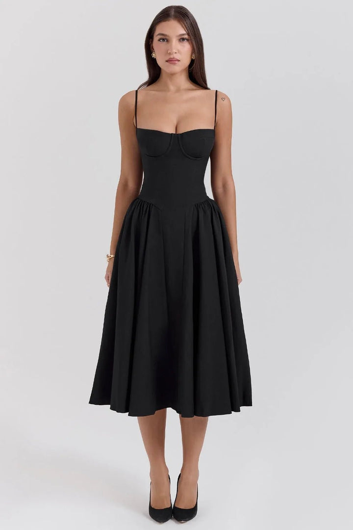 Margaret | Elegant Navy Bustier Midi Dress - Emma's Dresses