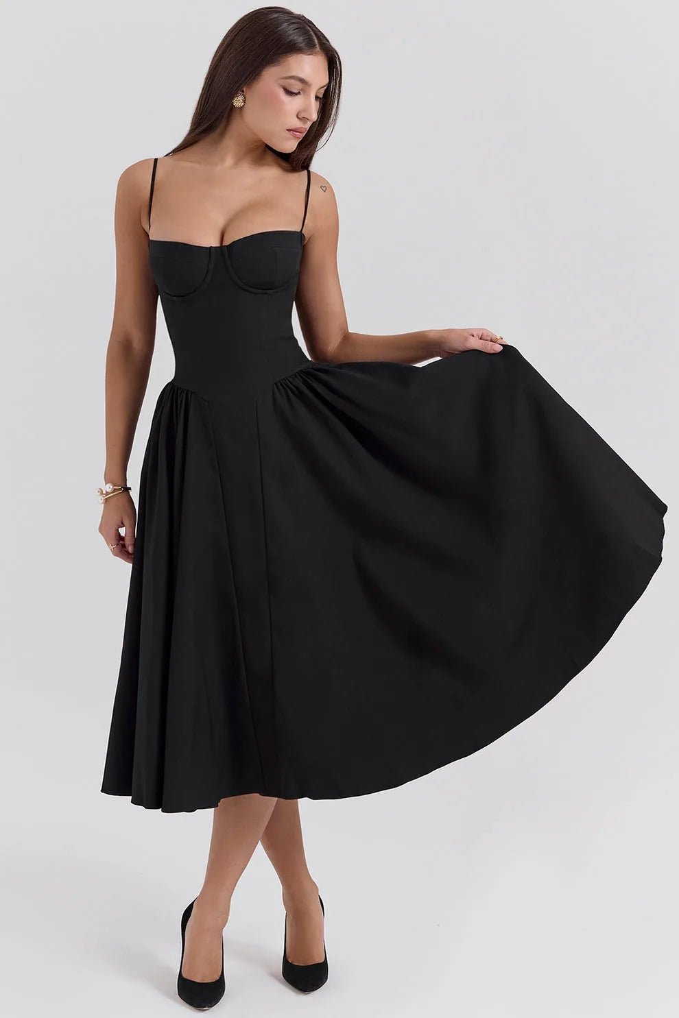 Margaret | Elegant Navy Bustier Midi Dress - Emma's Dresses