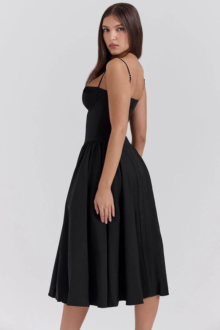 Margaret | Elegant Navy Bustier Midi Dress - Emma's Dresses