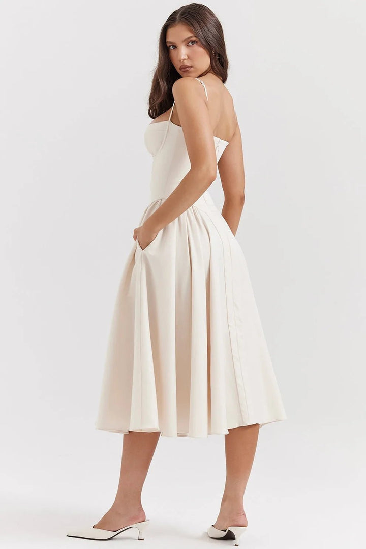 Margaret | Elegant Navy Bustier Midi Dress - Emma's Dresses