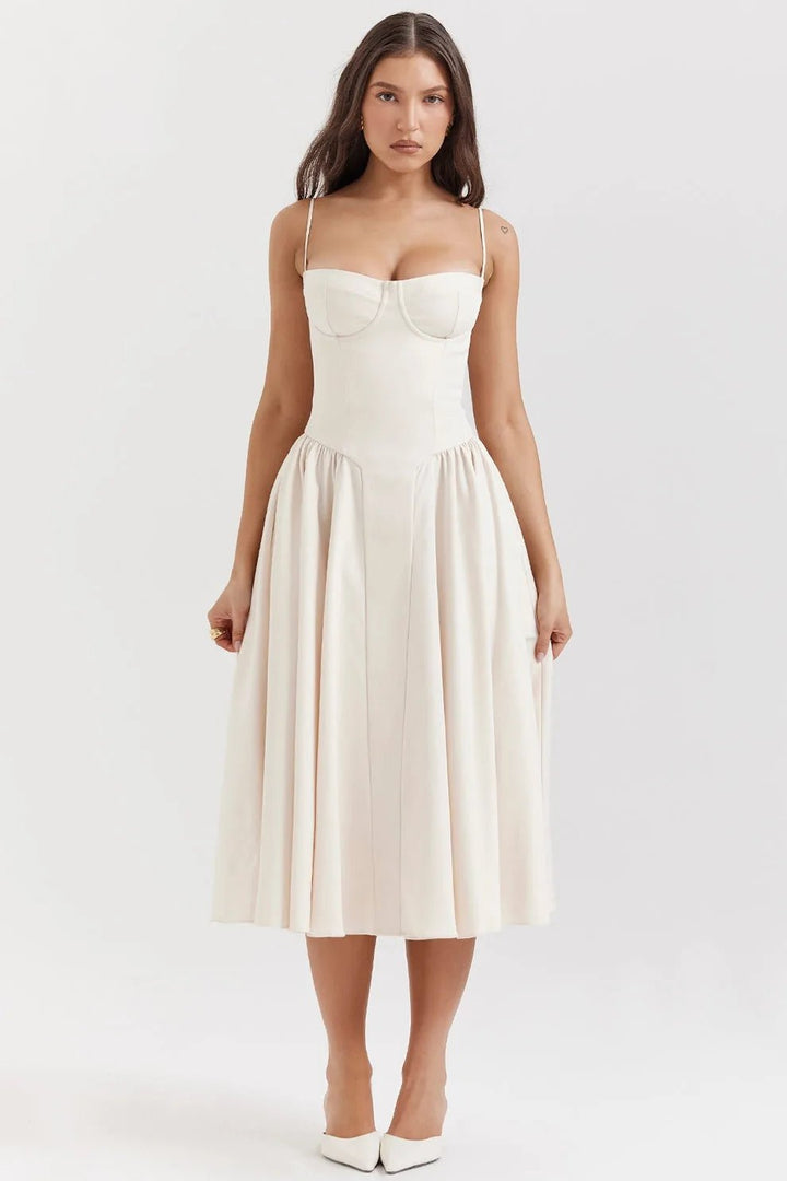 Margaret | Elegant Navy Bustier Midi Dress - Emma's Dresses