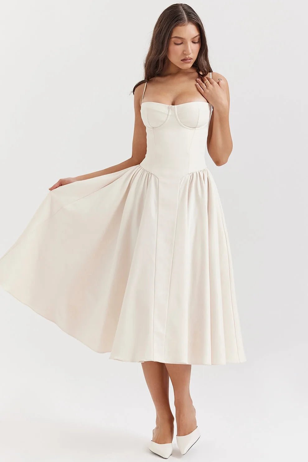 Margaret | Elegant Navy Bustier Midi Dress - Emma's Dresses