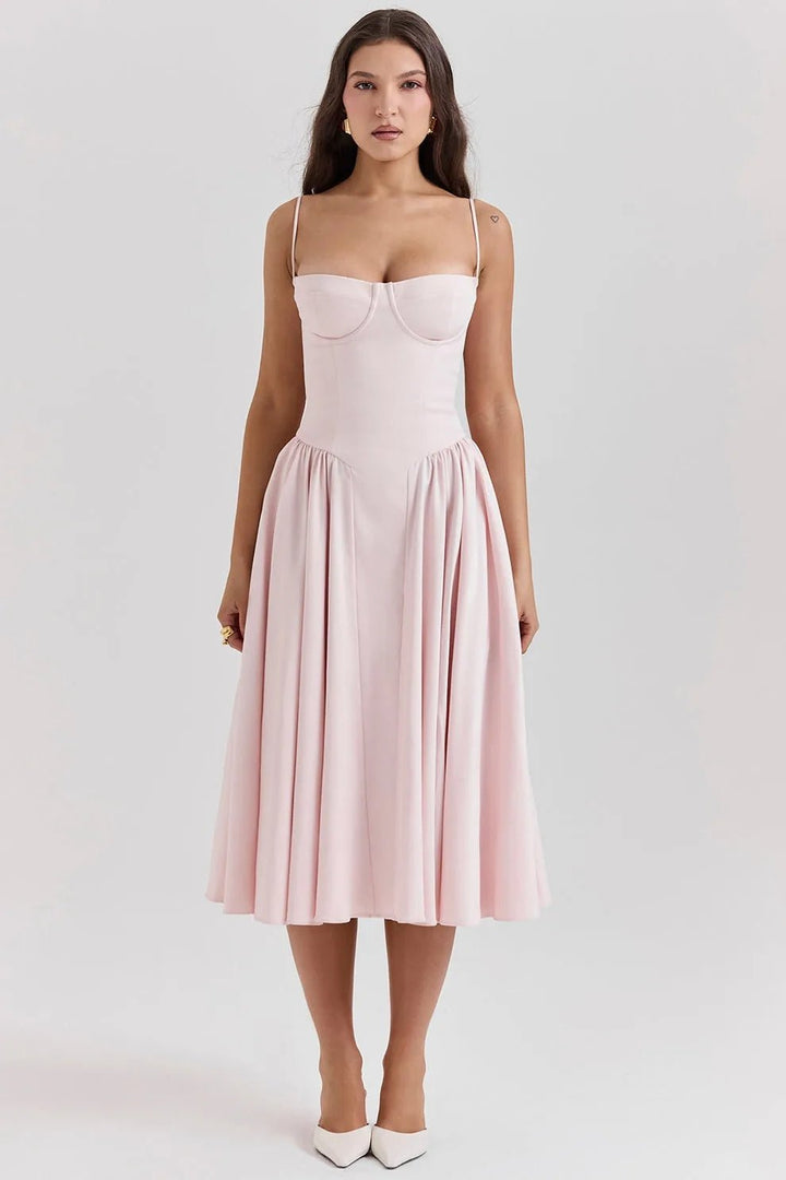 Margaret | Elegant Navy Bustier Midi Dress - Emma's Dresses