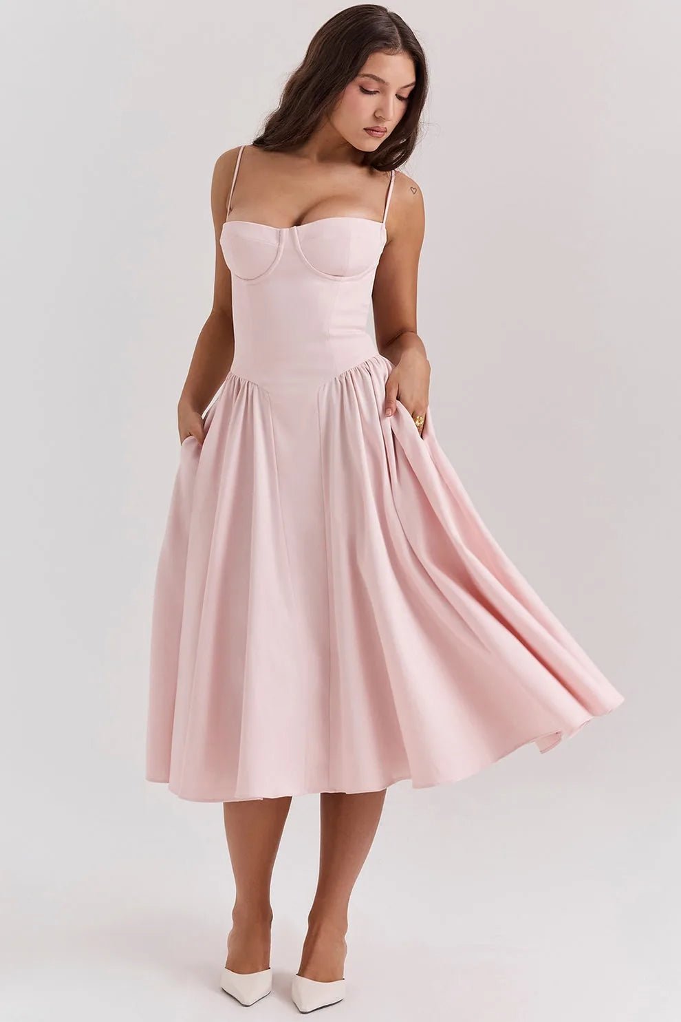 Margaret | Elegant Navy Bustier Midi Dress - Emma's Dresses