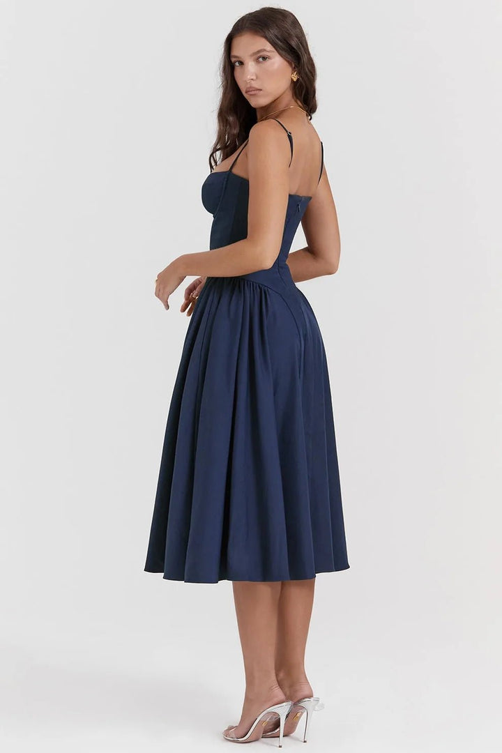 Margaret | Elegant Navy Bustier Midi Dress - Emma's Dresses