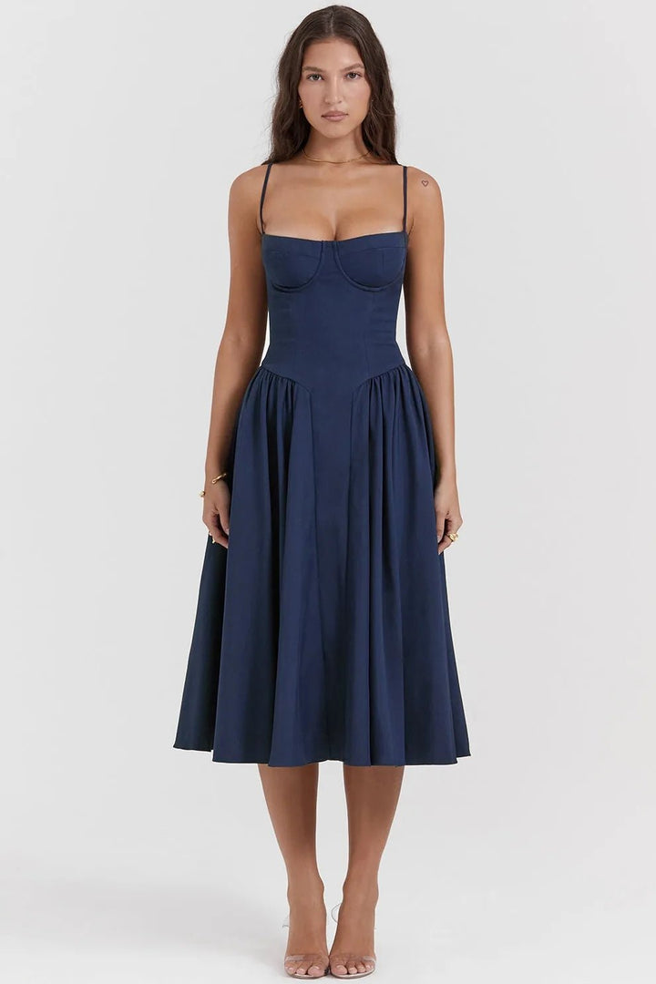Margaret | Elegant Navy Bustier Midi Dress - Emma's Dresses