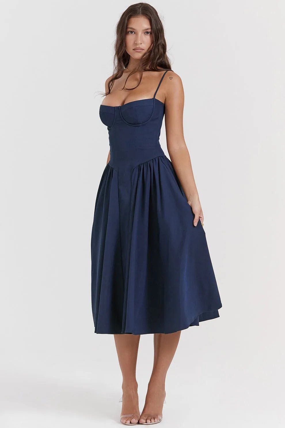 Margaret | Elegant Navy Bustier Midi Dress - Emma's Dresses