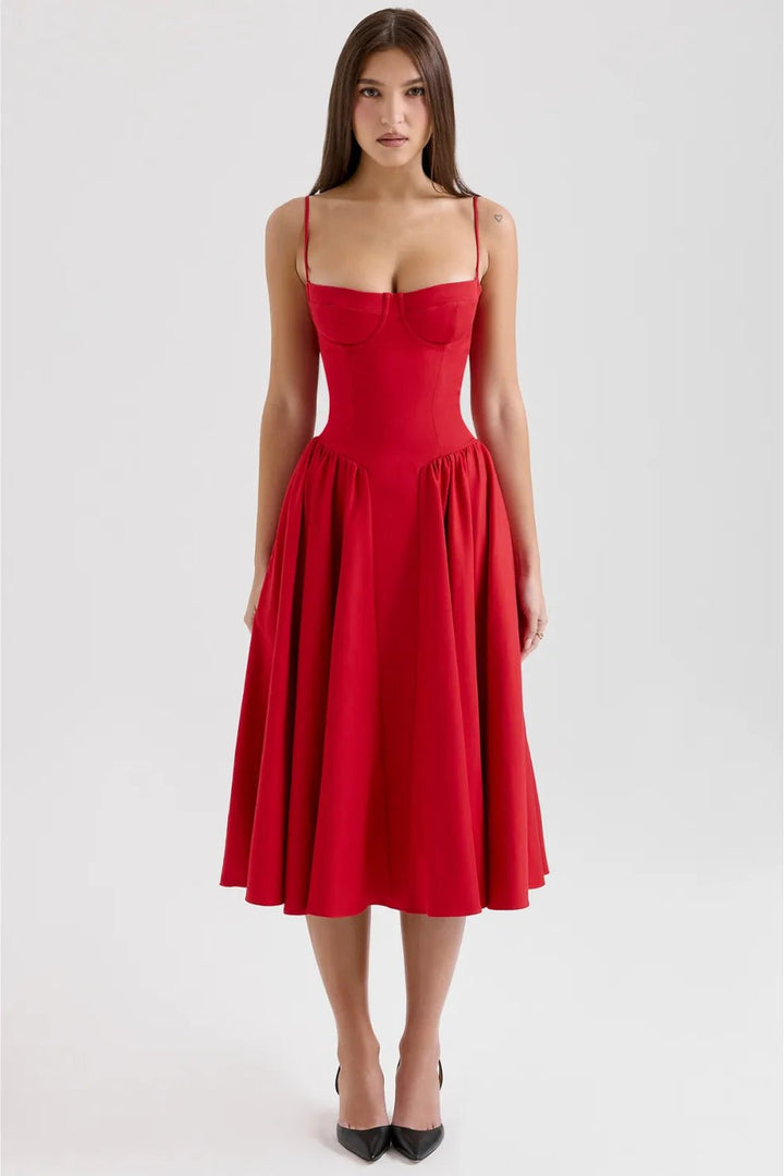 Margaret | Elegant Navy Bustier Midi Dress - Emma's Dresses