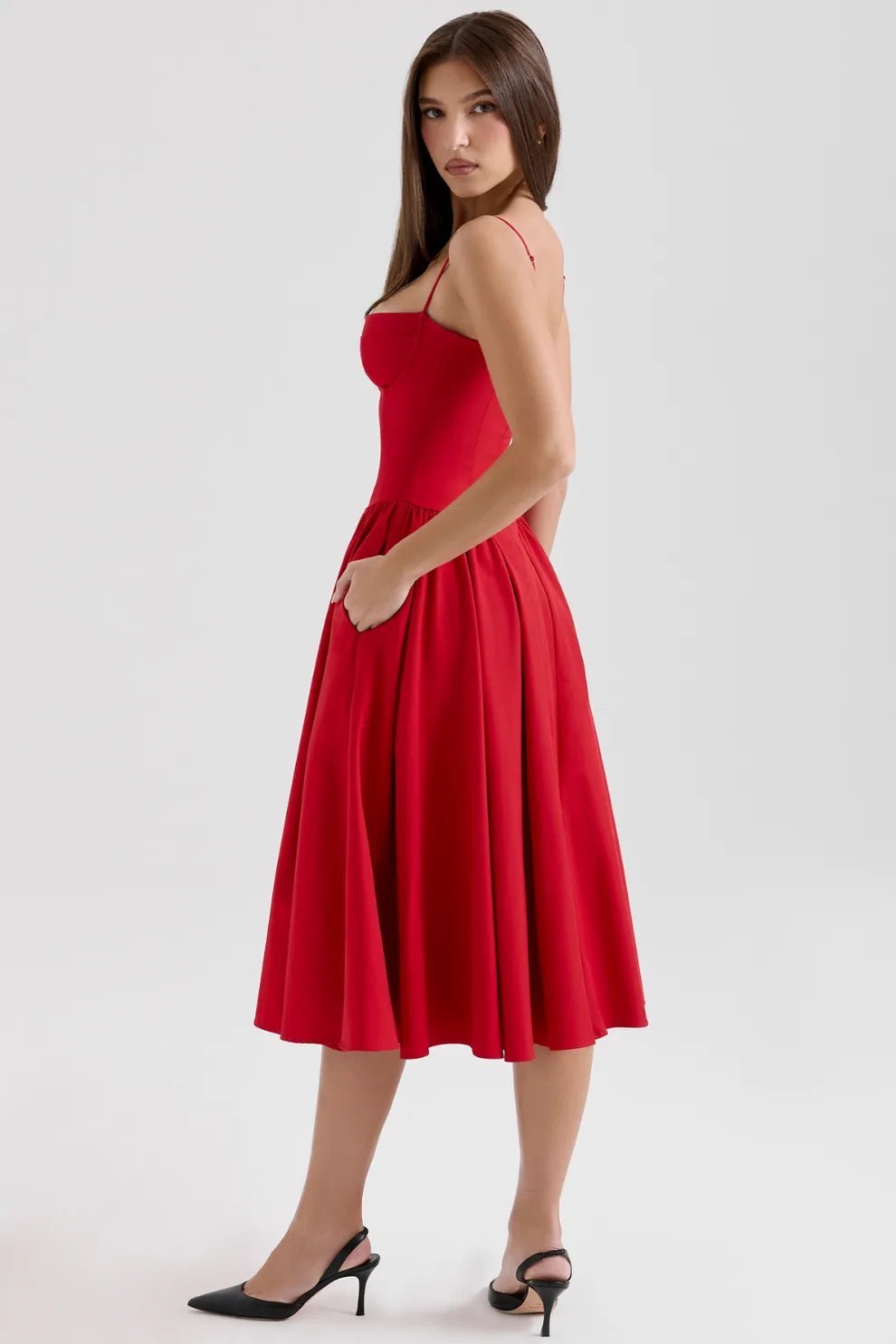Margaret | Elegant Navy Bustier Midi Dress - Emma's Dresses