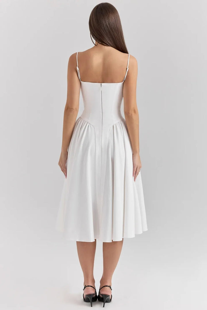 Margaret | Elegant Navy Bustier Midi Dress - Emma's Dresses