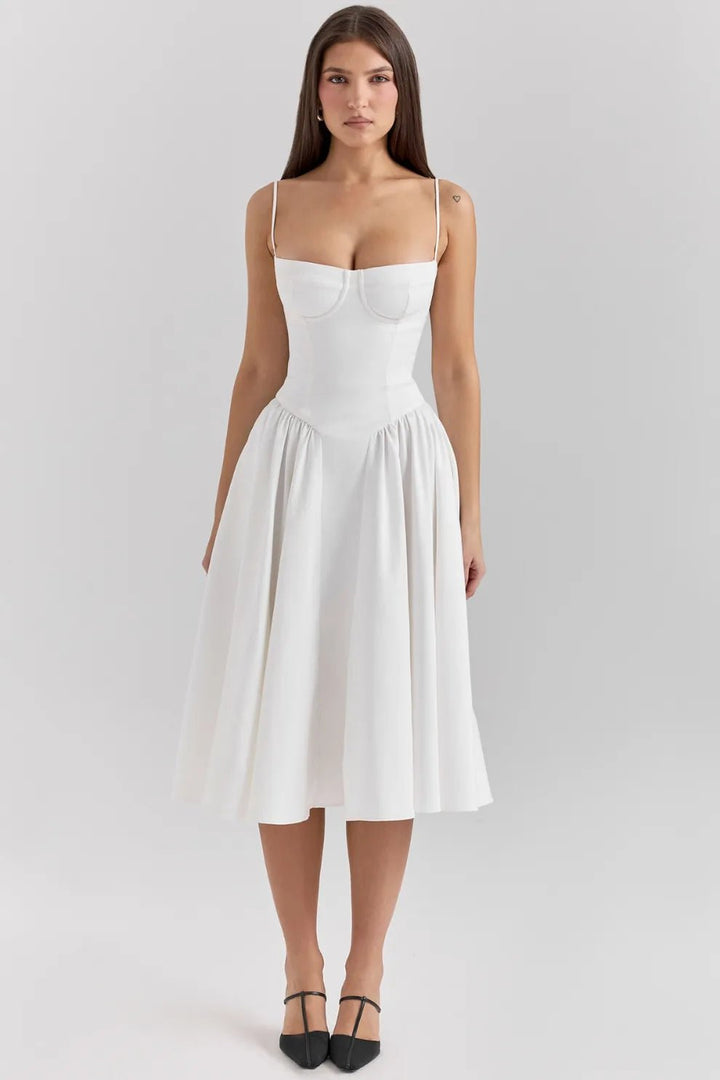 Margaret | Elegant Navy Bustier Midi Dress - Emma's Dresses