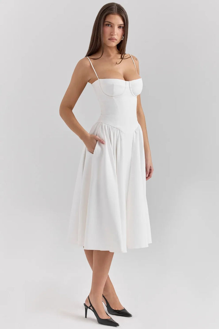 Margaret | Elegant Navy Bustier Midi Dress - Emma's Dresses