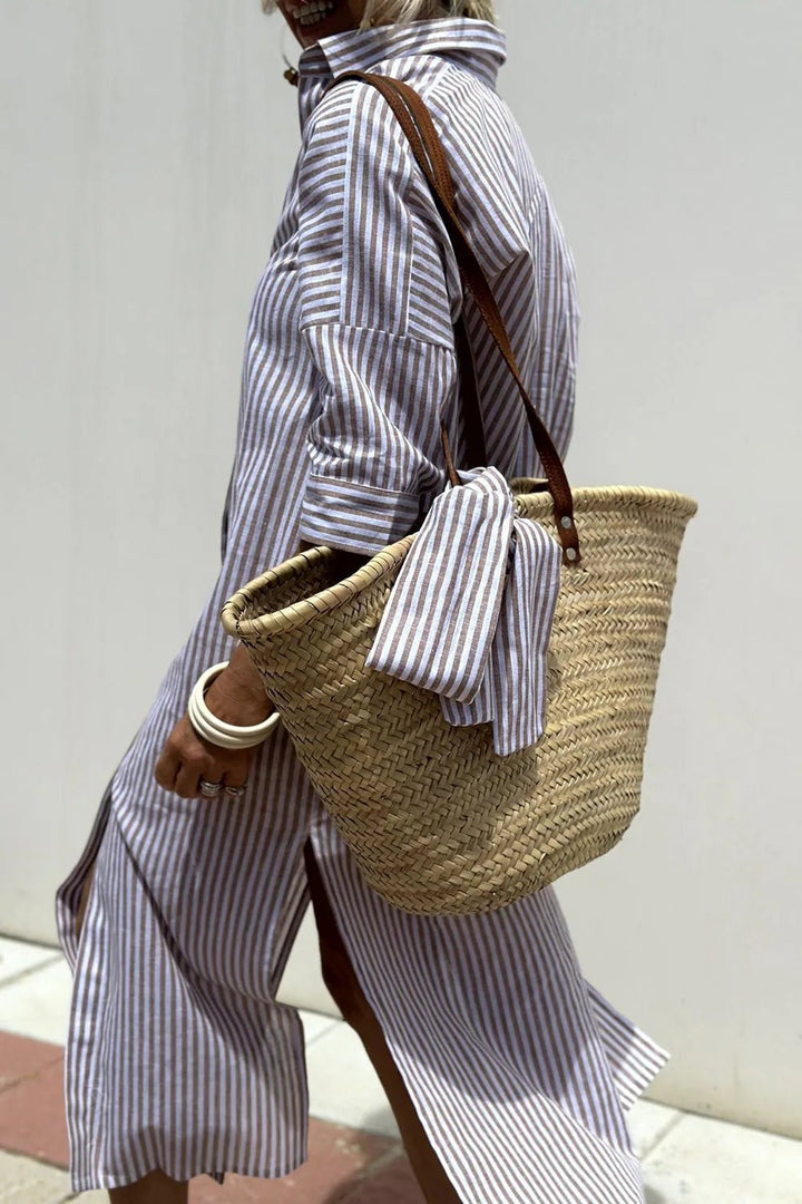 Ophelia | Chic Striped Button - Down Midi Dress - Emma's Dresses