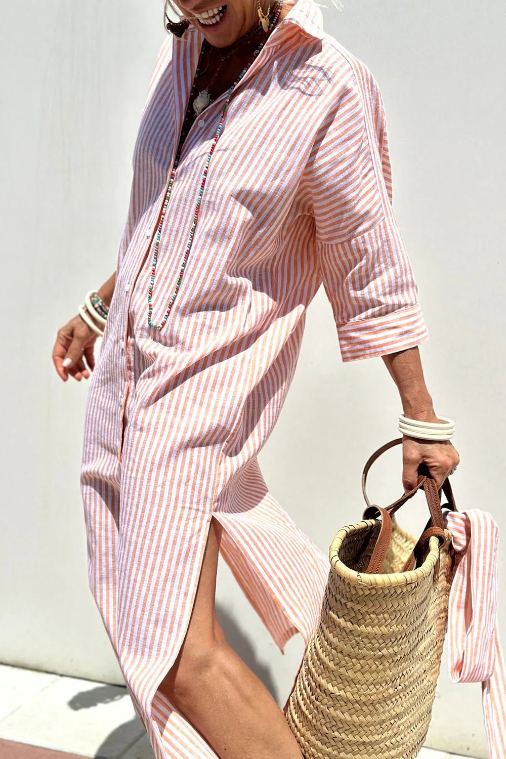 Ophelia | Chic Striped Button - Down Midi Dress - Emma's Dresses