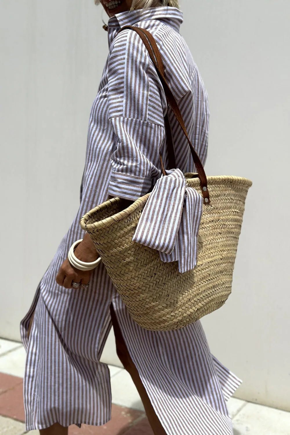 Mia | Chic Striped Button - Down Pink Midi Dress - Emma's Dresses