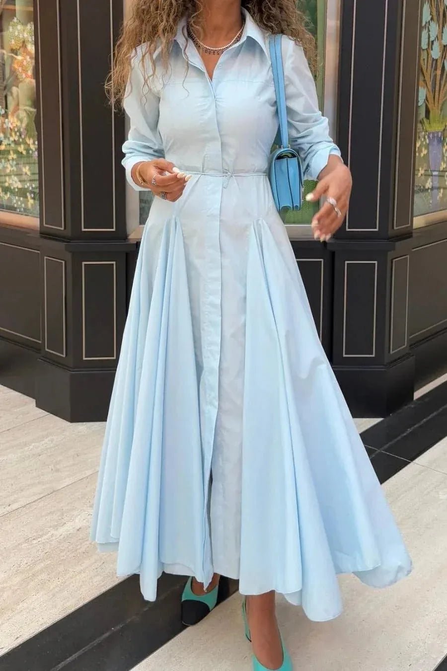 Margaret | Elegant Blue Button - Up Maxi Shirt Dress - Emma's Dresses