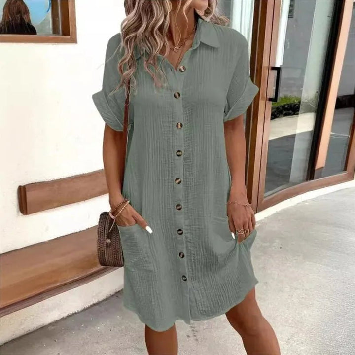 Elise | Chic White Button-Up Shirt Dress With Pockets – view 3