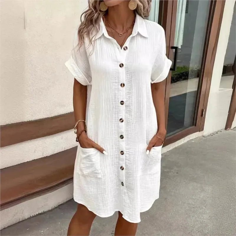 Elise | Chic White Button-Up Shirt Dress With Pockets – view 1
