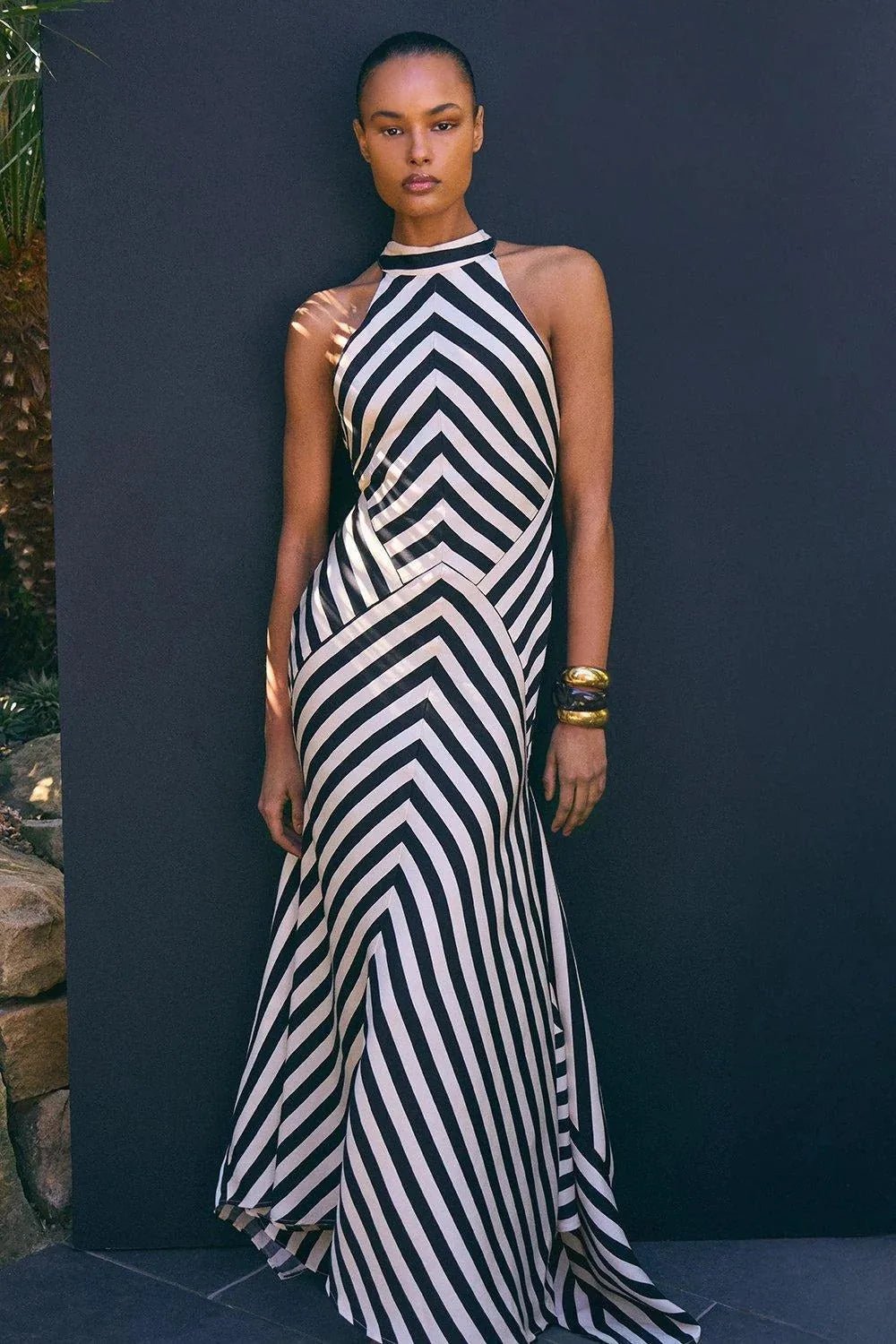 Serena | Elegant Chevron Stripe Halter Maxi Dress - Emma's Dresses