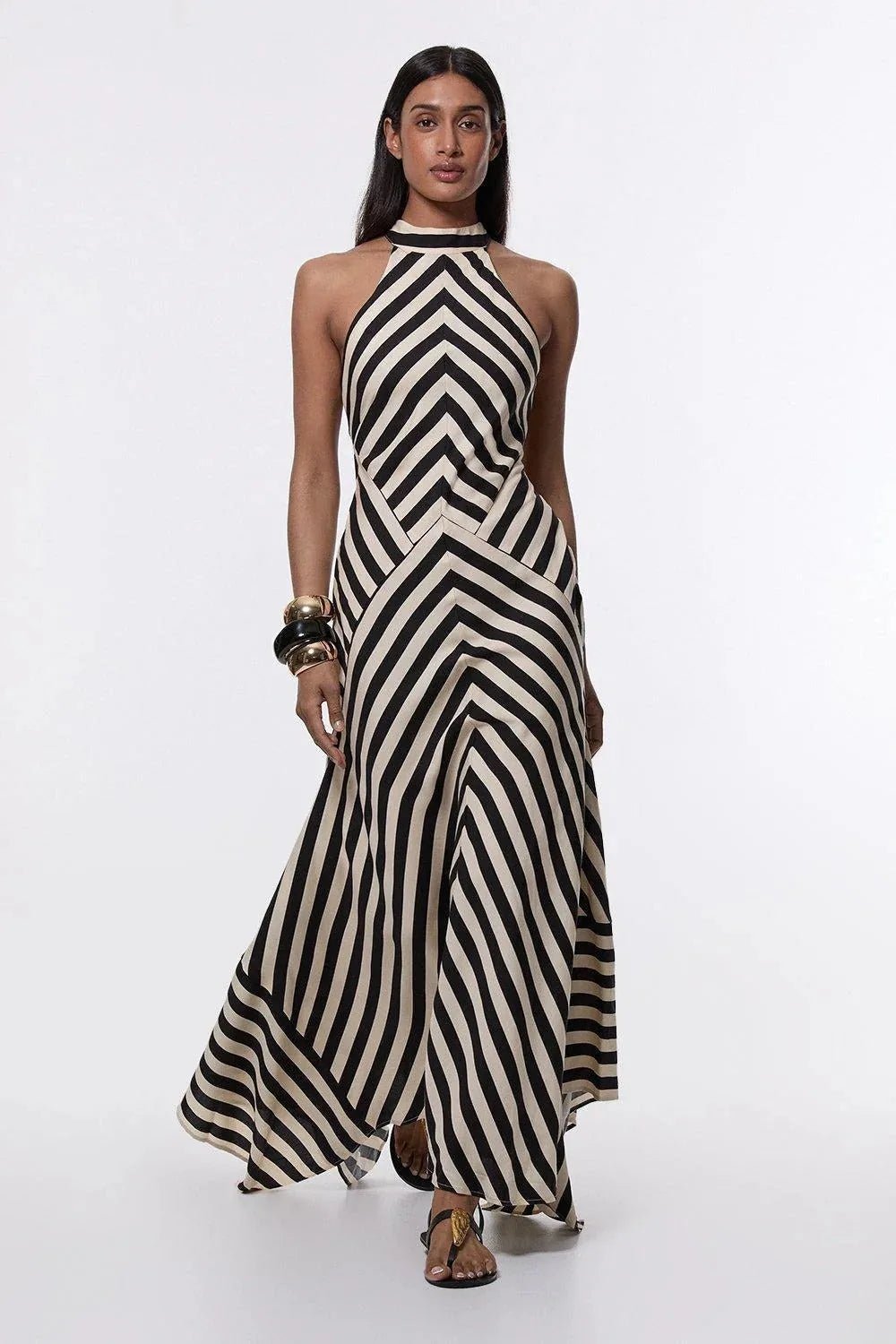 Serena | Elegant Chevron Stripe Halter Maxi Dress - Emma's Dresses