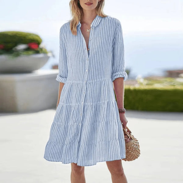 Margaret | Chic Striped Tiered Button-Down Blue Dress