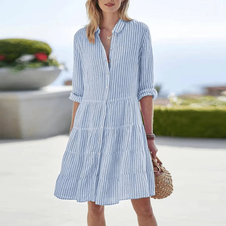 Margaret | Chic Striped Tiered Button - Down Blue Dress - Emma's Dresses
