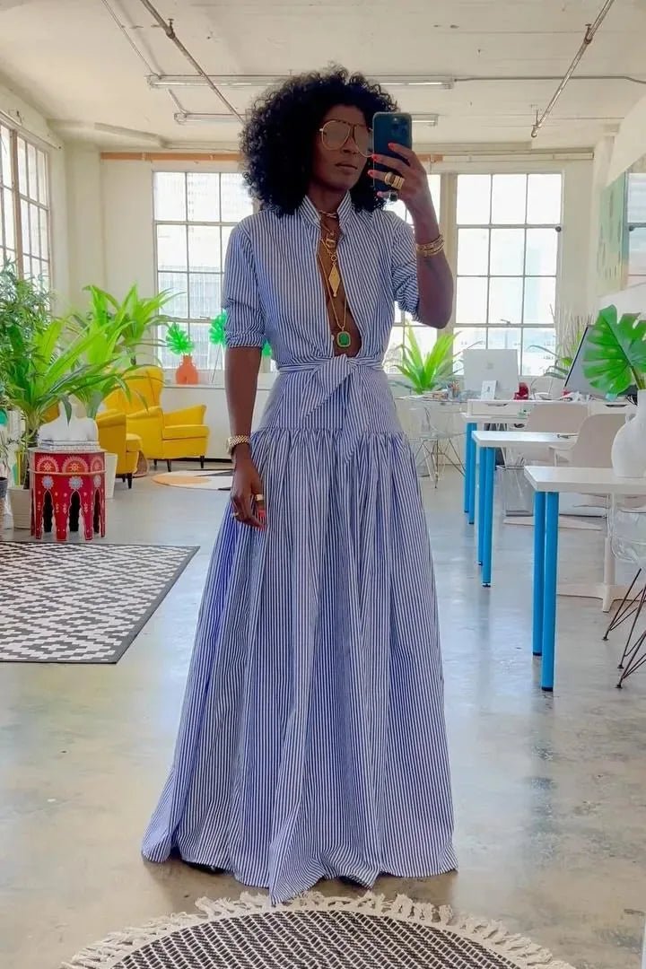 Rosie | Elegant Blue Striped Maxi Dress - Emma's Dresses